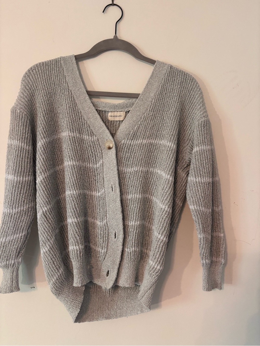 Thread & Supply Light Gray Striped V‑Neck Button Cardigan